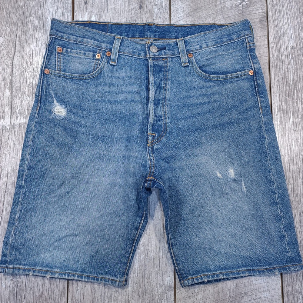 Levi's 501 Shorts Mens 32 Blue Distressed Denim Button Fly Cut Off